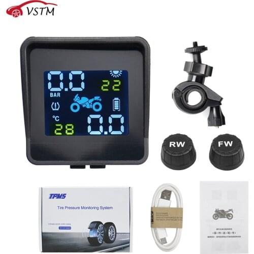 USB Solar Charging Motorcycle TPMS Motor Tire Pressure Tyre Temperature Monitoring Alarm System with 2 External Sensors