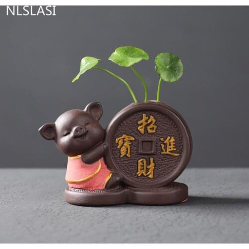 Creativity Purple Clay Tea pet Ornaments Lucky Pig flower pot tea Figurine Hydroponic plants Flower arrangement Decoration Craft