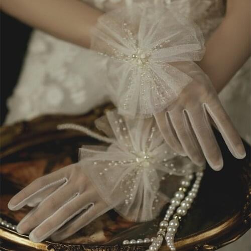 Korean Female Transparent Mesh Pearl Full Finger Anti-UV Sunscreen Driving Gloves Summer Elastic Lace Bow Ceremonial Mitten L90