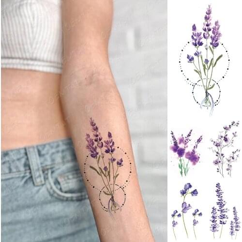 Waterproof Temporary Tattoo Sticker Watercolor Flowers Plants Flash Tatoo Purple Lavender Wrist Fake Tatto For Body Art Women