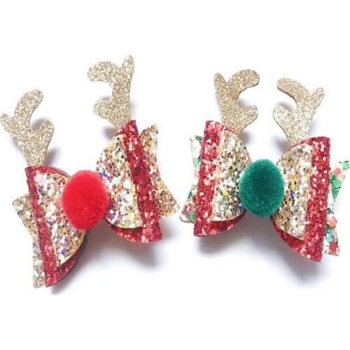 10pcs Fashion Cute Glitter Reindeer Ears Bow Hairpins Pom Pom Bowknot Hair Clips XMAS New Year Party Princess Hair Accessories