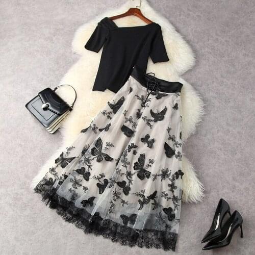 European and American womens clothing new summer 2021 Short-sleeved knit T-shirt Butterfly embroidered skirt Fashion suits