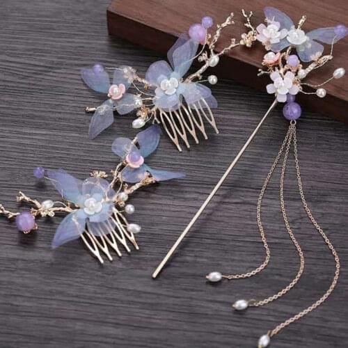 FORSEVEN Chinese Hanfu Dress Jewelry Sets for Women Girls Cosplay Tassels Flower Pearls Hair Forks Sticks Hairpins Hair Combs
