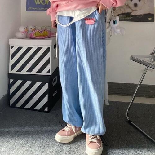 Womens 2021 Summer New Embroidered Corduroy Leggings Harajuku High-Waist Straight-Leg Pants Casual Loose Corduroy Pants