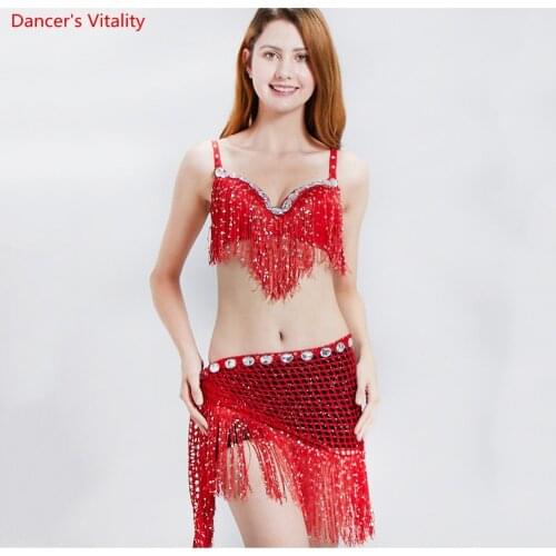 Women Belly Dance Costume Sequins Fringel Tops & Hip Scarf Tassel Bollywood Dance Costume Latin Jazz Suits
