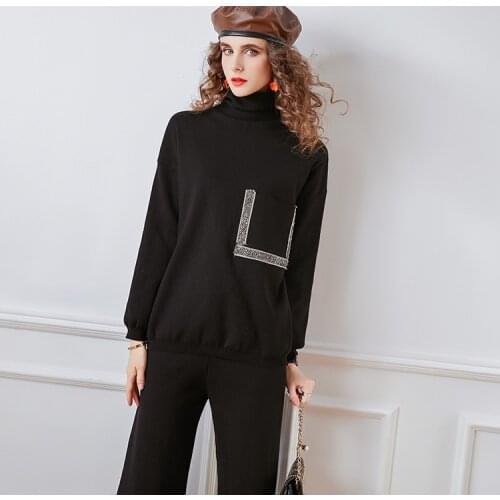 Two Piece Set For Women Autumn Elegant Cotton Full Office Lady Pullover With Pants Pockets Turtleneck Elastic Waist Knitted Set