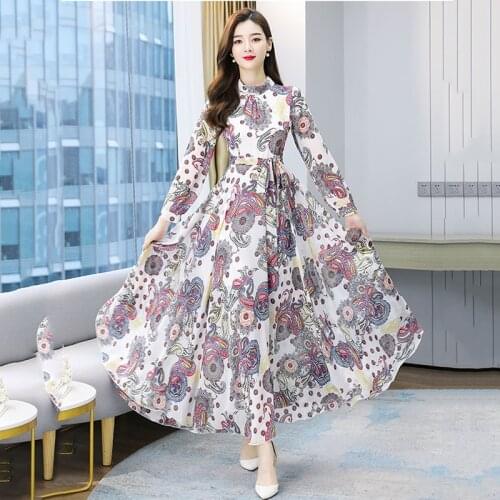 Spring 2021 new style fashion temperament waist slimming super long swing print long sleeve dress casual retro dress women s204