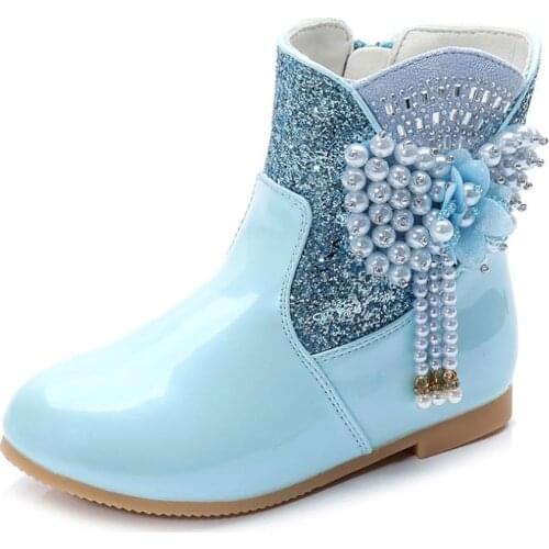 Disney New Elsa High Boots Girls Mid-heeled Autumn And Winter Warm Children Beads pendant Sequins Snow Shoes Frozen Boots