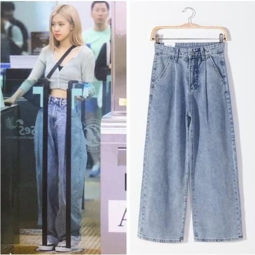 Kpop Korean ROSE Streetwear Simple High Waist Jeans Women Wide Leg Denim trousers ladies Fashion loose zipper Straight Pants