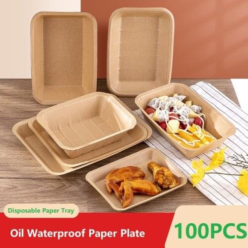 Square Kraft Paper Tray French Fries Barbecue Paper Plate Disposable Snack Lunch Box 100PCS