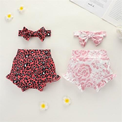 2020 Baby Girls Leopard Shorts Cotton Infant Kids Ruffles Short Pants + Headband Summer Clothing Set