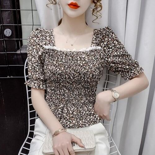 Summer T Shirt Women 2021 New Small Broken Beautiful Square Collar Loose Chiffon Female T-shirt Female Tee Tshirts SZH800626