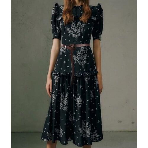 Hot Sale Floral Print Women Dress Fashion Cascading Ruffle A-Line Dresses 3289