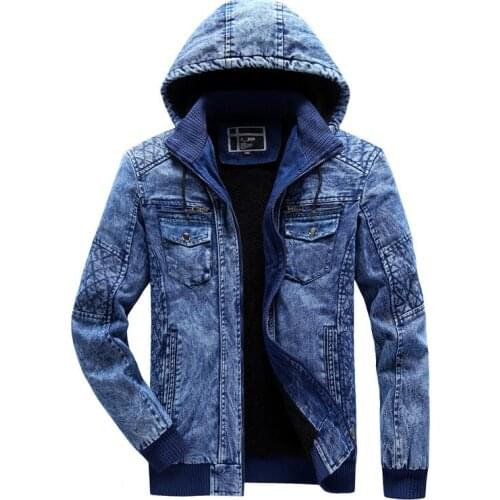 Men denim hooded jacket Fleece Hoodie Jeans Coats Long Sleeve thick Multi-pocket Cashmere outerwear wool liner cotton warm