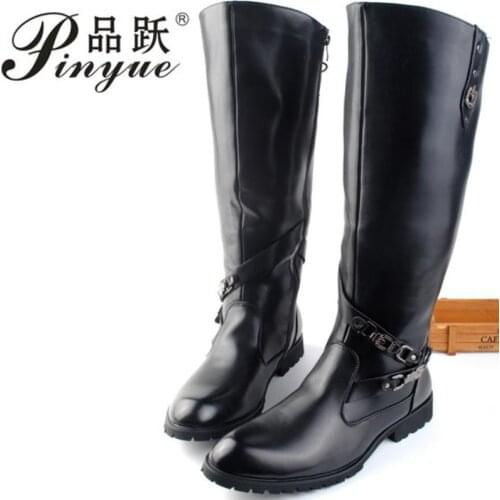 New Arrival Black Long Knee Boots Men Round Toe Buckle High Top Casual PU leather Shoes Man Motorcycle Boots Size 38-44