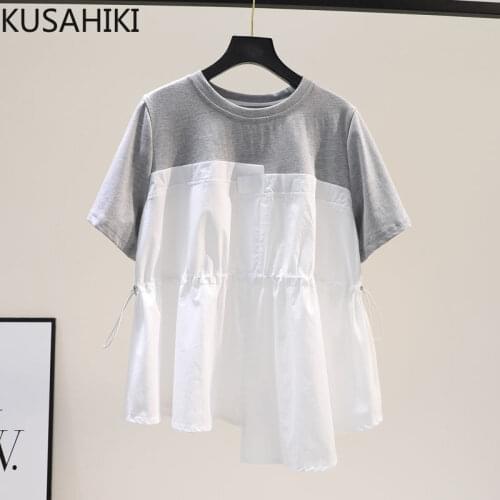 KUSAHIKI Irregular Hit Color Patchwork Graphic T Shirts Korean Drawstring Slim Waist Woman Tee Tops Causal Sweet T Shirt 6H371