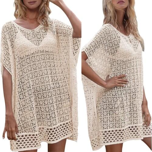 2021 New Summer Women Bikini Cover Up Beachwear Hollow Crochet Swimsuit Batwing Sleeve See-Through Blouse Tunic Beach Dress