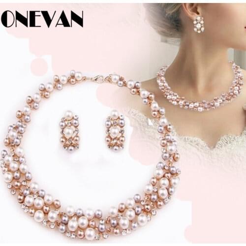 Simple Imitation Pearl Elegant Bridal Jewelry Crystal Necklace Earrings for Girl Party Gift Rhinestone Engagement Jewelry Sets