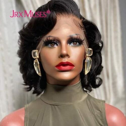 Pixie Cut Natural Wave Human Hair Wigs Brazilian Guleless Remy Pre Plucked Short Bob Curly T Part Lace Wigs For Women