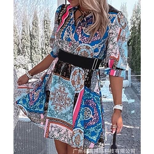 Wepbel A-line Shirt Dress Fashion High Waist Shirt Dress Women Short Sleeve Paisley Printed Shirt Dress-without Belt Summer
