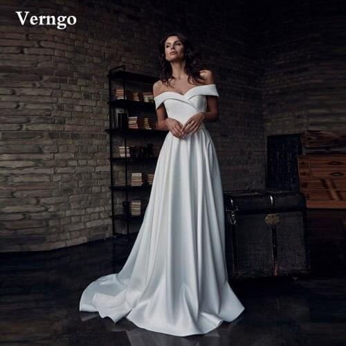 Verngo 2021 Off the Shoulder A Line Satin Wedding Dress Sleeves Bow Sash Simple Bridal Long Party Gowns Plus Size Bride Dresses