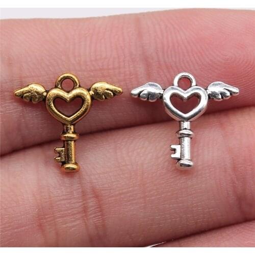40pcs 15x14mm 2 Colors Antique Silver Plated Antique Gold Plated Angel Wings Key Heart Charm Pendant For Jewelry Making