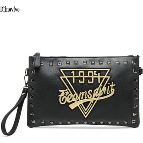 Diinovivo 2021 New Casual Envelope Bag Female PU Large-capacity Clutch Bag Unisex Letter Handbag Black Retro Rivet Bag WHDV1672