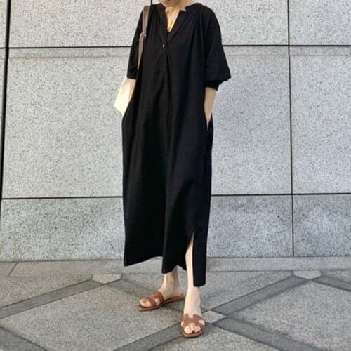 Plus Size Dress Women Design Dark Black Cotton V-neck Maxi Summer Party Beach Simple Short Sleeve Long Skirt Vestidos Harajuku