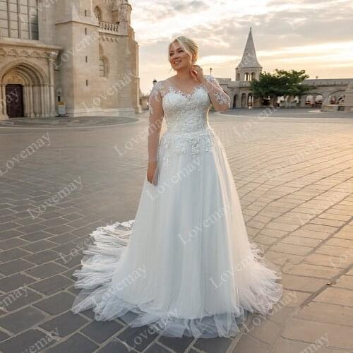 Plus Size Wedding Dresses 2021 Long Sleeves V Neck Tulle A Line Beach Bridal Dress Appliques Illusion Wedding Gown for Bride