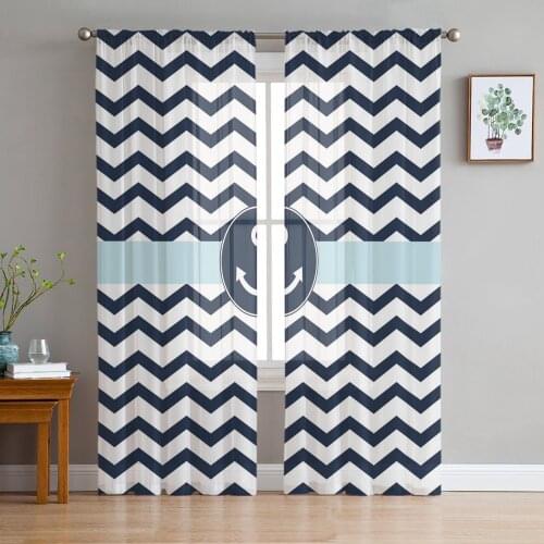 Blue White Anchor Ripple Print Sheer Window Panel Curtains Room for Living Room Bedroom Kitchen Room Chiffon Tulle Curtains