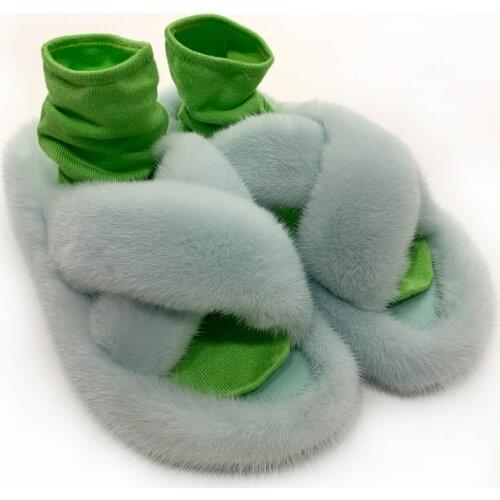 Natural fur slippers women real mink fur slipper ladies mink fur flat with slippers