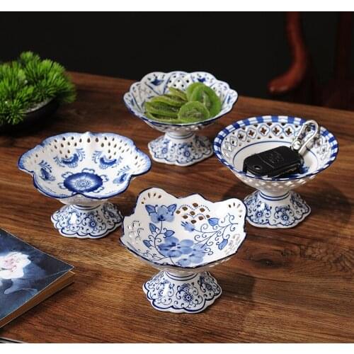 Chinese Fruit Plate Blue and White Porcelain Tall Fruit Plate Modern Home Living Room Desktop Snack Candy Dessert Ceramic Plate