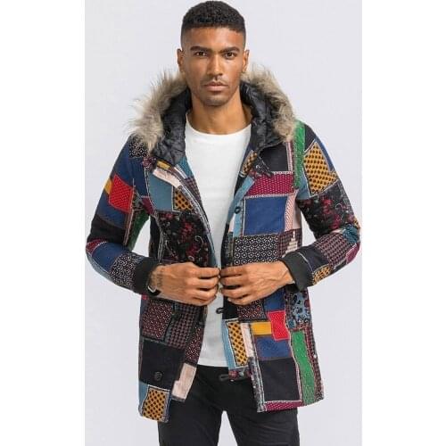 Warm Men Casual Winter Fox Fur Collor Jackets Warm Floral Print Mens Jacket Coats Winter Cotton Hooded Long Parkas