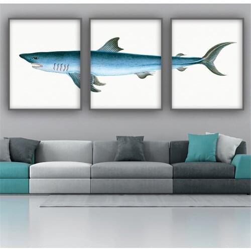 Print Vintage Great Blue Shark Watercolor Art Poster Set Of 3 Watercolor Painting Poster Nature Wall Art Canvas Wall Painting