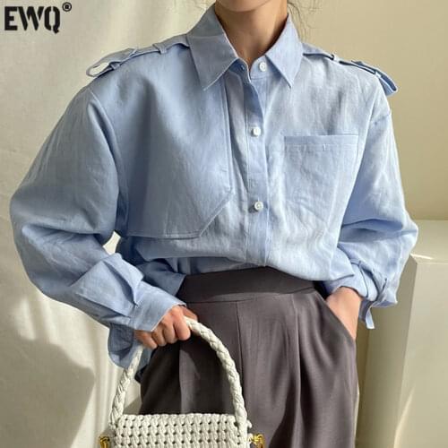 [EWQ] Korea Chic Autumn Casual Trend Women Solid Color Lapel Single-breasted Fashion Simple Long-sleeved Shirt Top 2021 16E2314