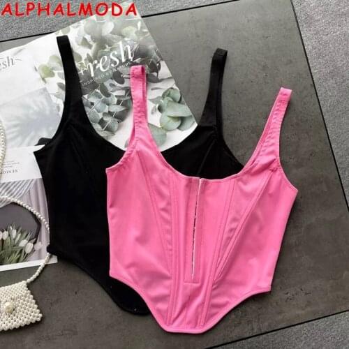 ALPHALMODA 2021 Summer Women Stretchy Sleeveless Tank Top Covered Buttons Bodycon Slim Tight Women Waistcoat Bottom Vest