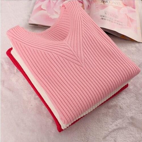 V-neck Sweater Lady Fashion 2019 Autumn Winter Solid Tops Women Knitted Pullovers Long Sleeve Jumper Pull Femme Clothing W1033