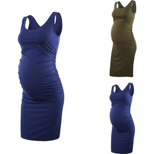 Womens Ruched Maternity Dress Mama Causual O-neck Summer Dress Sleeveless Wrap Dresses Vestidos Clothes For Pregnant 2021