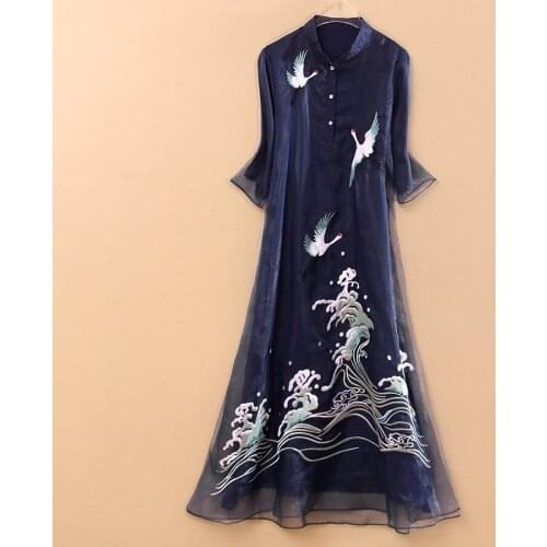 High-end Spring Organza Women Cheongsam Dress Retro Elegant Embroidery Crane Loose A-line Lady Party Qiapao Dress S-XXL