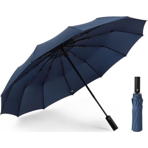 Fully-Automatic 12 Ribs Rainy Umbrella 3-Folding Adults Bumbershoot Pongee Parasol Wind Resistant Windproof 48-53cm Radius