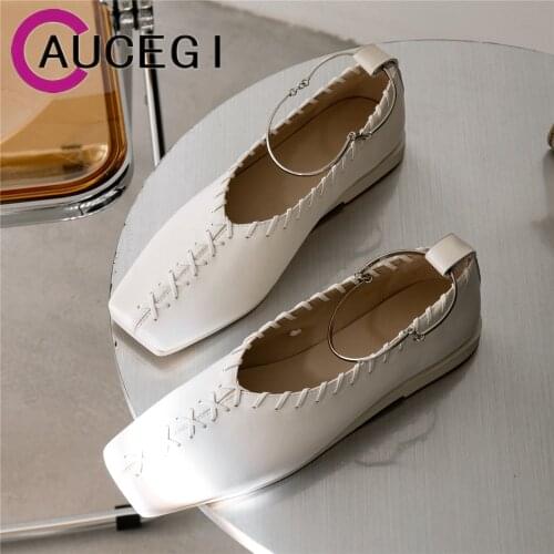 Orignice Classic Women Flats Shoes Fashion Square Toe Metal Ring Design Girls Ballet Spring Solid Color Wild Footwear Size 34-40