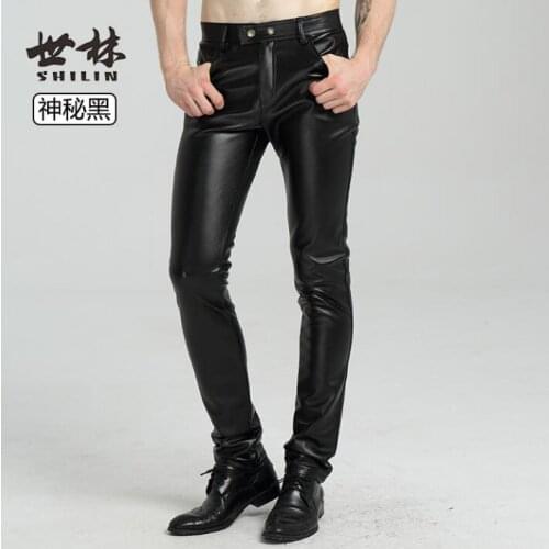 Plus velvet personality fashion motorcycle faux leather pants mens feet pants pu trousers for men pantalon homme winter black