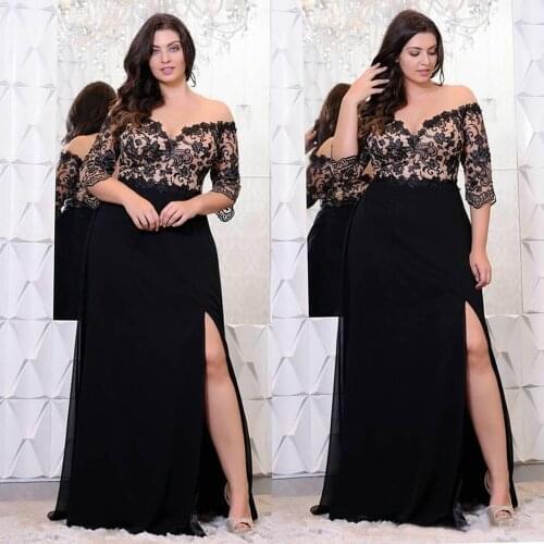 Black Lace Plus Size Prom Dresses With Half Sleeves Off The Shoulder V-Neck Split Side Evening Gowns A-Line Chiffon Formal Dres