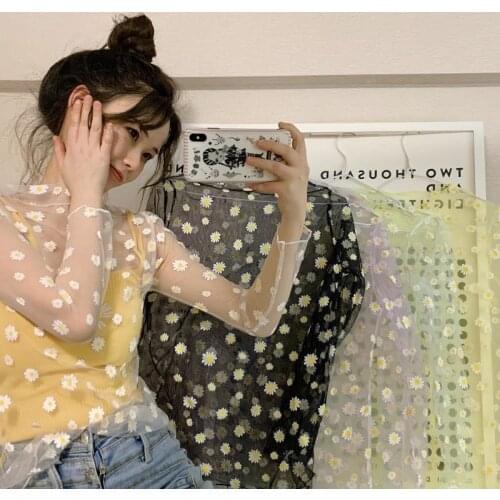 Daisy long sleeve T-shirt women thin sunscreen shirt mesh Transparent Blouses Tops Clothing Unlined Upper Garment Jacket