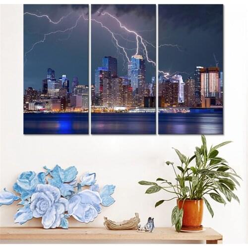 Art Painting Decor Framework Wall Pictures Home Modular Modern City Sky Lightning Night Scenery Hd Canvas Poster Printing