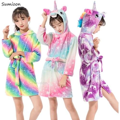 Kigurumi Unicorn Hooded Children Bathrobe Baby Bath Robe Animal Flannel Bathrobes For Boys Girl Pyjamas Nightgown Kids Sleepwear