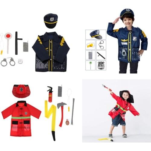 2 Sets Children Fire Chief & Police Man Role Play Costume Halloween Cosplay Set Polyester fabric waterproof materials