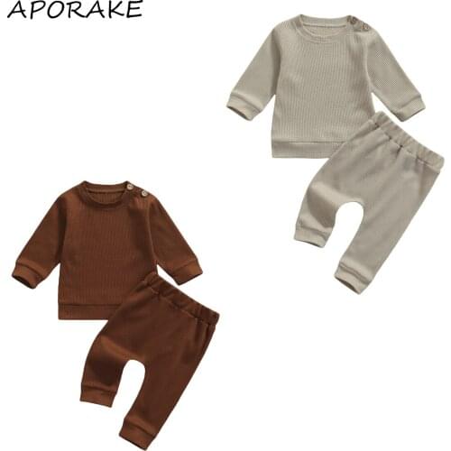 2021 0-18M Infant Baby Casual Clothing Set Tracksuit Button Solid Color Long Sleeve Tops and Long Pants Spring Fall 2pcs Outfits