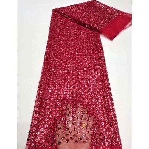 Red Hollow Out African Net Lace Fabric High Quality Heavy Sequines French Mesh Lace Fabric For Wedding Party Dress Sew Materials