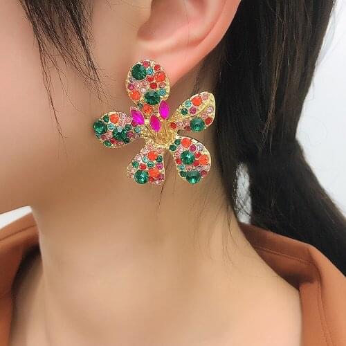 Lalynnly New Elegant Drop Dangle Earrings Big Colorful Rhinestone Flower Earrings For Women Girls Ear Jewelry Accessories E9391